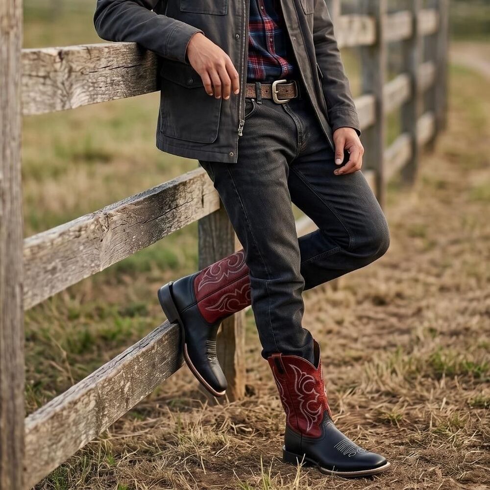 Old West Cowboy Boots Men 11 Red Black Leather Square Toe Embroidery Western